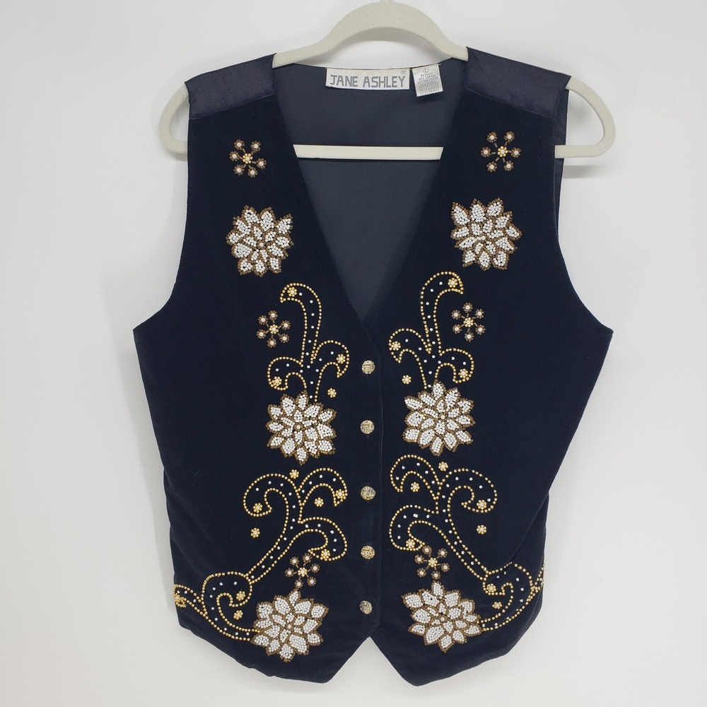 Vintage 90s Jane Ashley Beaded Floral Vest Women Large Black Button Up Waistcoat